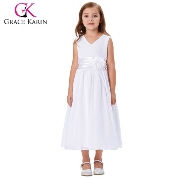 Grace Karin sem mangas V-Neck branco Chiffon Flower Girl Princesa Bridesmaid Wedding Pageant Party Dress 2 ~ 12 anos CL010429-1